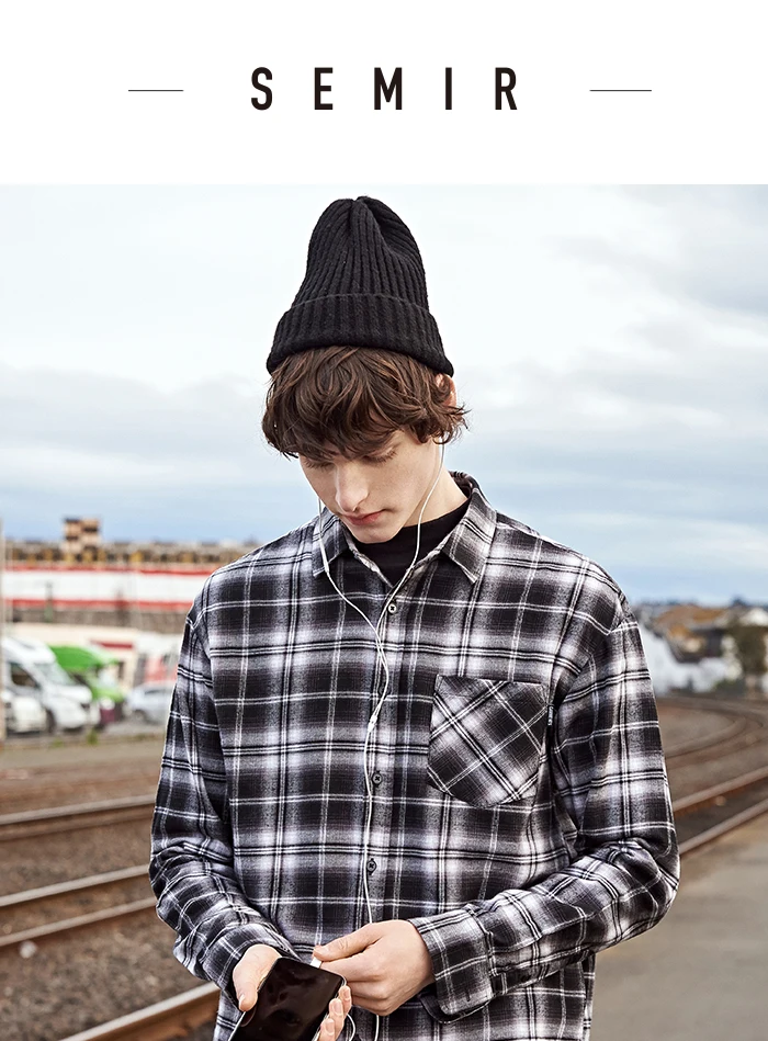 SEMIR мужские Зимние новые черные и белые клетчатые повседневные модные рубашки с длинным рукавом Корейская версия трендовые ретро рубашки мужские
