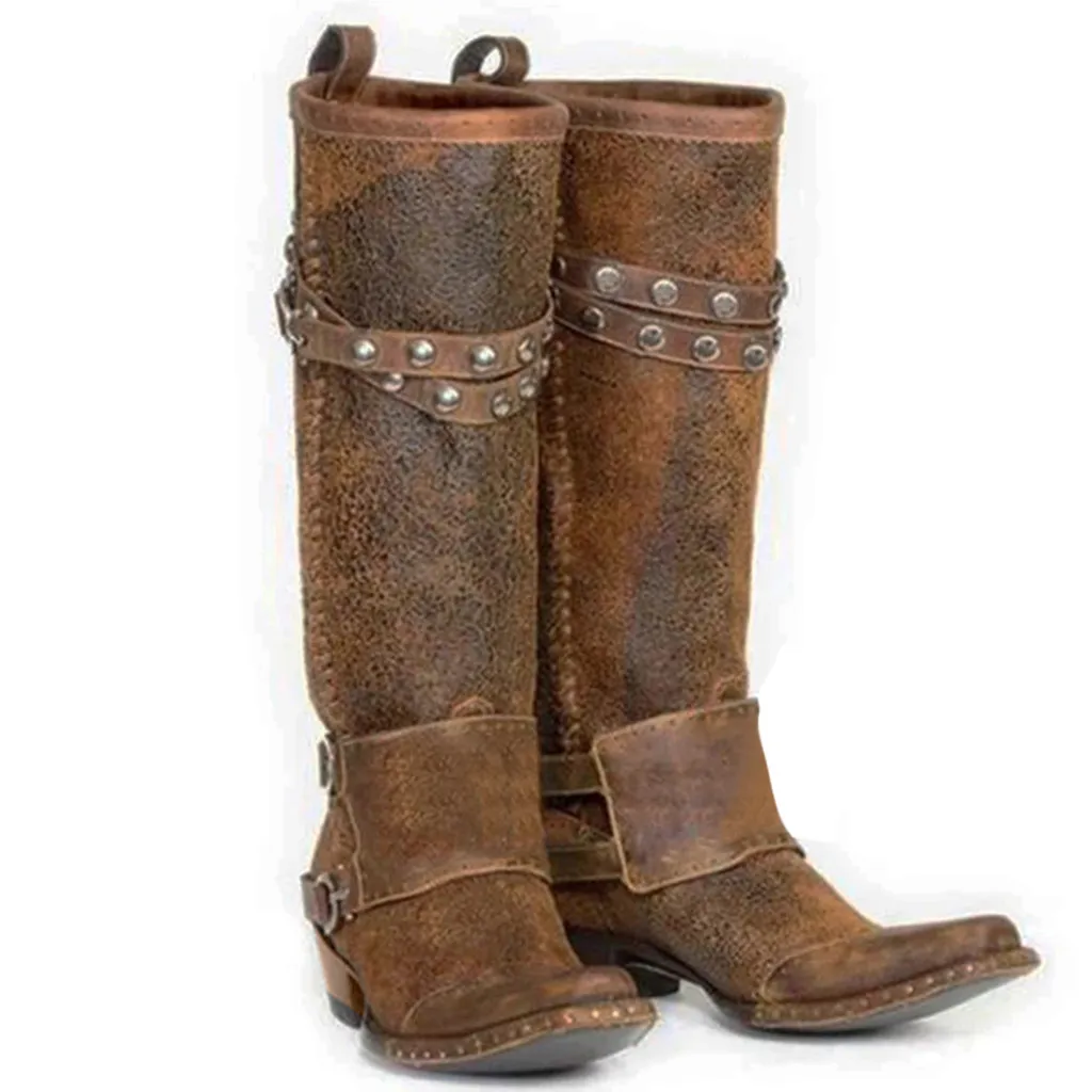 Г. Весна-зима, новые женские стильные сапоги до колена ботинки в ковбойском стиле на низком каблуке, ковбойские ботинки без шнуровки, байкерские сапоги женская обувь,# O17