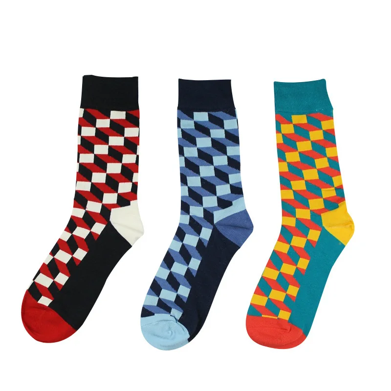 New European and American tide socks pure cotton plaid men's tide socks leisure breathable happy socks hot sales