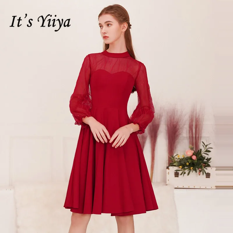 Это Yiiya выпускное платье цвета Бургунди размера плюс vestidos de gala на молнии длиной до колена с длинным рукавом Женские вечерние платья LF105