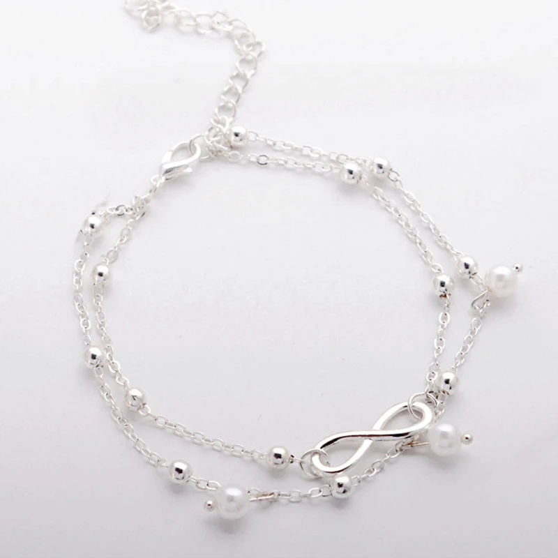 silvery BOHO, милый, с буквами, бесконечность, любовь, ножной браслет и браслет, имитация жемчуга, многослойная цепочка на щиколотке, браслет для женщин, летнее, Пляжное, ювелирное изделие - Окраска металла: silvery