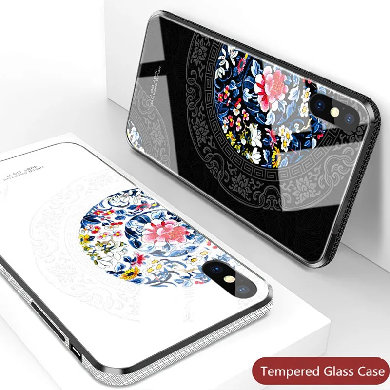 Роскошный китайский стиль ветер закаленное стекло чехол для iPhone 8 7 6 6s Plus XS MAX XR 10 X