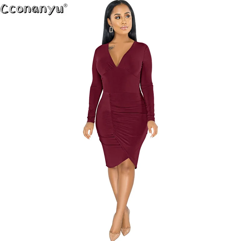 

Sexy V-Neck Dress New Ladies Long-sleeved Asymmetrical Clothes Bodycon Solid Slim Party Dresses Vestidos