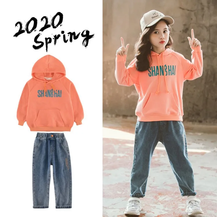 

Girls Spring Set New Style Korean-style Western Style Big Boy Lettered Hoodie + Jeans Two-Piece Set