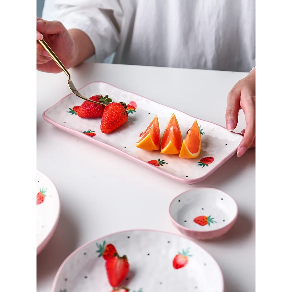 ceramic dinner plates cute girl strawberry printed dinnerware set breakfast dishes and plates sets ins cutlery tableware For cutlery set