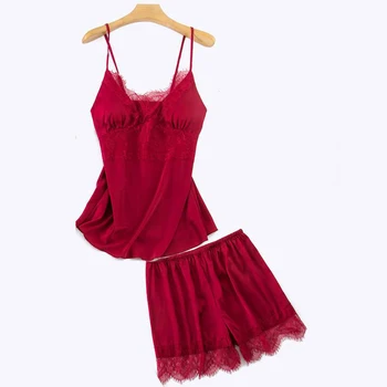 

Lace Pajamas Set Sexy Womens Sleepshirt Strap Top Short Pants Pijamas 2PCS V-Neck Nightdress Robe Gown Lady Sleep Suit Negligee