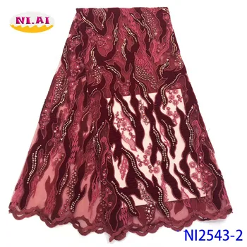 

NIAI Nigerian Lace Fabric 2019 High Quality Sequin Velvet Lace Fabric Wine Embroidered Tulle African Velvet Lace Fabric NI2543-2