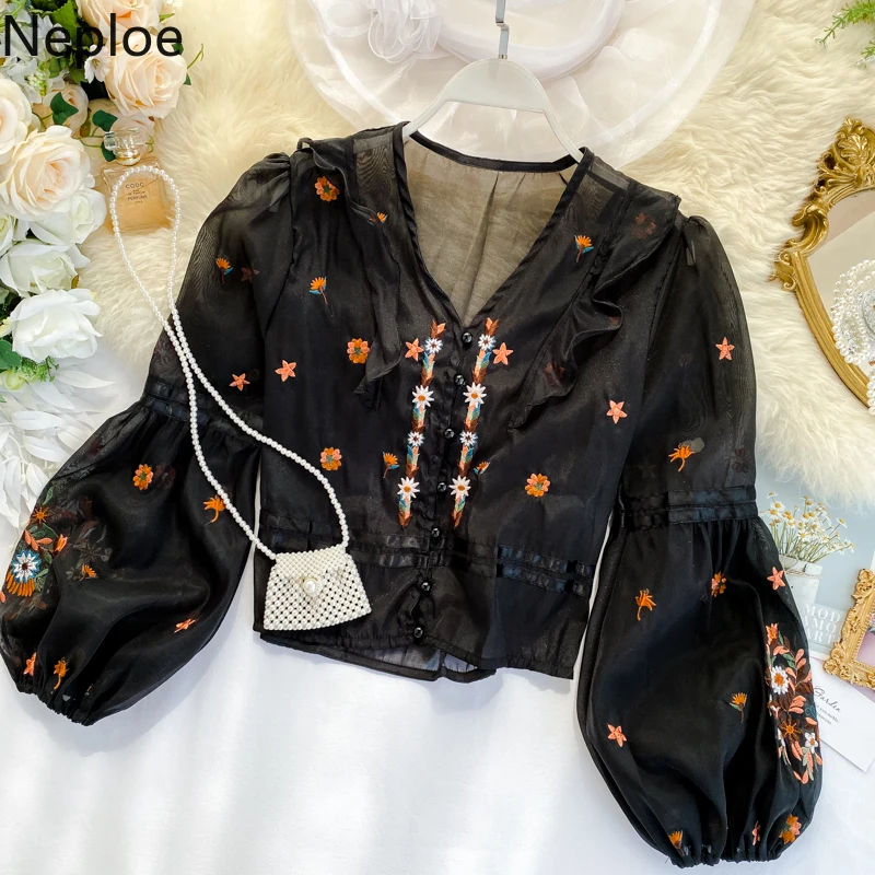 

Neploe Floral Embroidery Women Blouse Long Puff Sleeve Tops French Vintage V-Neck Autumn Ruffles Shirt Short Lady Blusas 55638