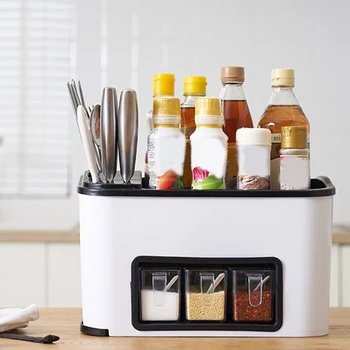 

Kitchen Organizer Spice Rack Seasoning Spices Storage Box Cutlery Rack with Hook Herb & Spice Tools Knife Holder Accessories Whi