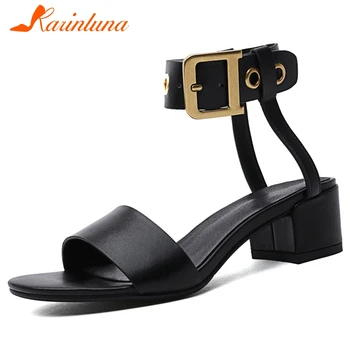 

Karinluna Fashion 2020 Large Size 43 Cow Leather Square Heels Summer Sandals Woman Shoes Buckle Strap Concise Shoes Women