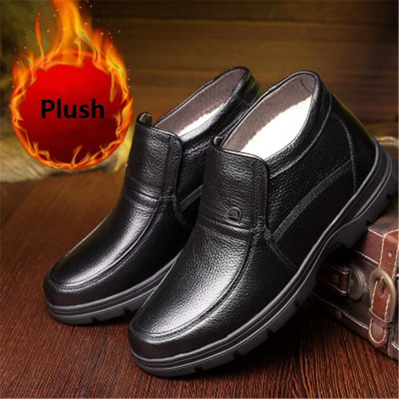 

Natural Cow Leather Men Waterproof Snow Boots Handmade Retro Winter Super Warm Thick Plush Ankle Boots Male Business Dress Shoes