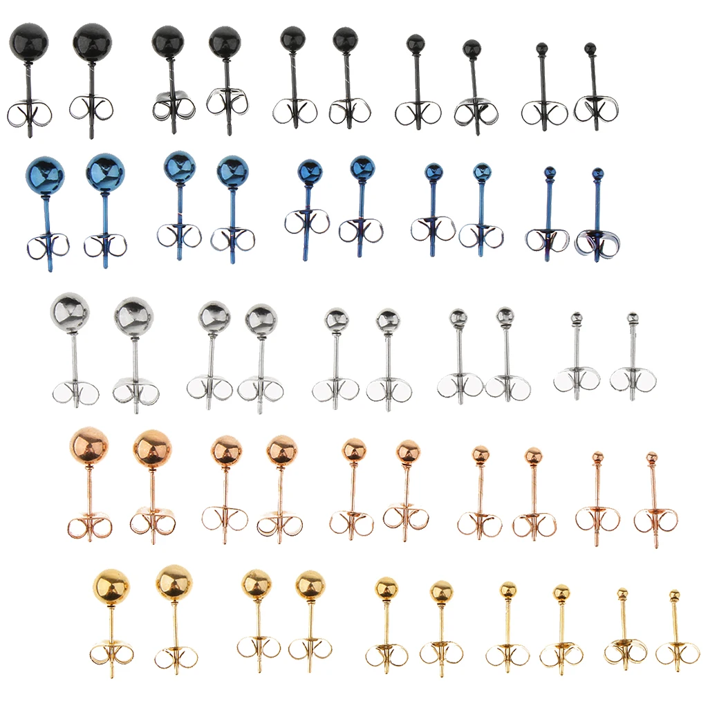 5 Pairs 20 Gauge Stainless Steel Stud Earrings Round Ball Men Women Assorted Size Ball 2mm 3mm 4mm 5mm 6mm