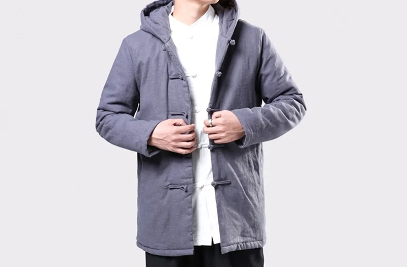 Vintage Style Hooded Men Parkas Cotton Winter Button Up Trench Long Sleeve Outerwear Padded Retro Men Jackets Coats KK3062