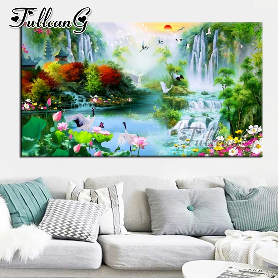 FULLCANG Spring scenery waterfall large 5d diamond painting diy full square round drill mosaic embroidery sale decor FC2633 | Дом и сад
