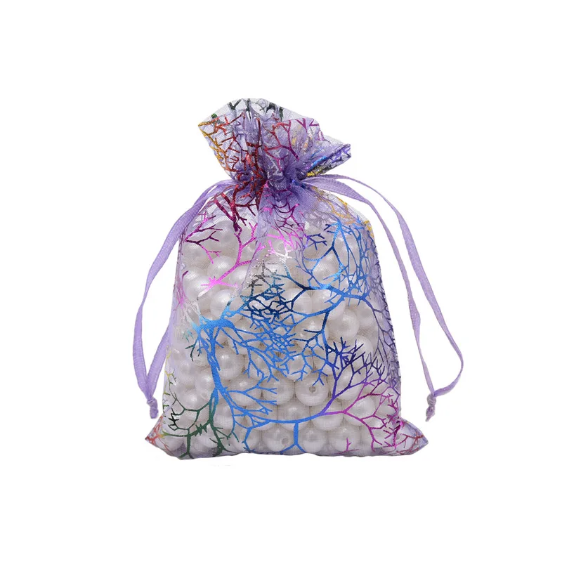 13x18 CM color hot stamping organza bundle pocket beautiful lake blue organza transparent gift bag Christmas bag 100pcs