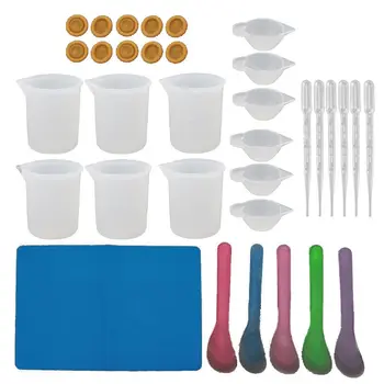 

34Pc Reusable Silicone Resin Kit Nonstick Silicone Mat 100ml Measuring Cups Finger Cots Resin Mix Cup Stir Stick Pipette