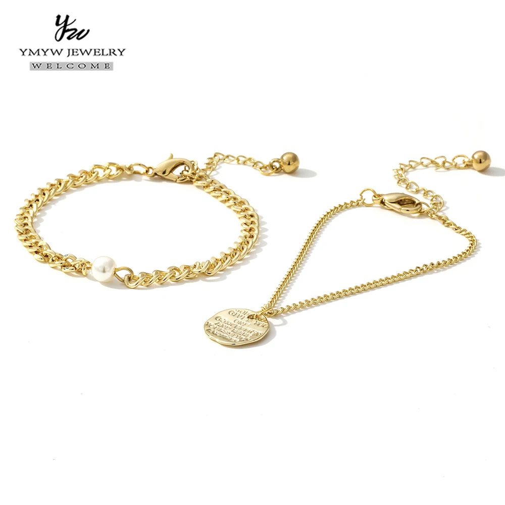 YMYW, модный, 2 шт, Круглый браслет, браслет, персонализированная подвеска с искусственным жемчугом, браслет, золотой цвет, ювелирные изделия для женщин, вечерние, подарок