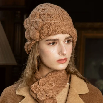 

X032 Adult Handmade Knitted Cashmere Hat Autumn and Winter Women's Retro British Hats Flower Woolen Cap Adjustable Beret Hat
