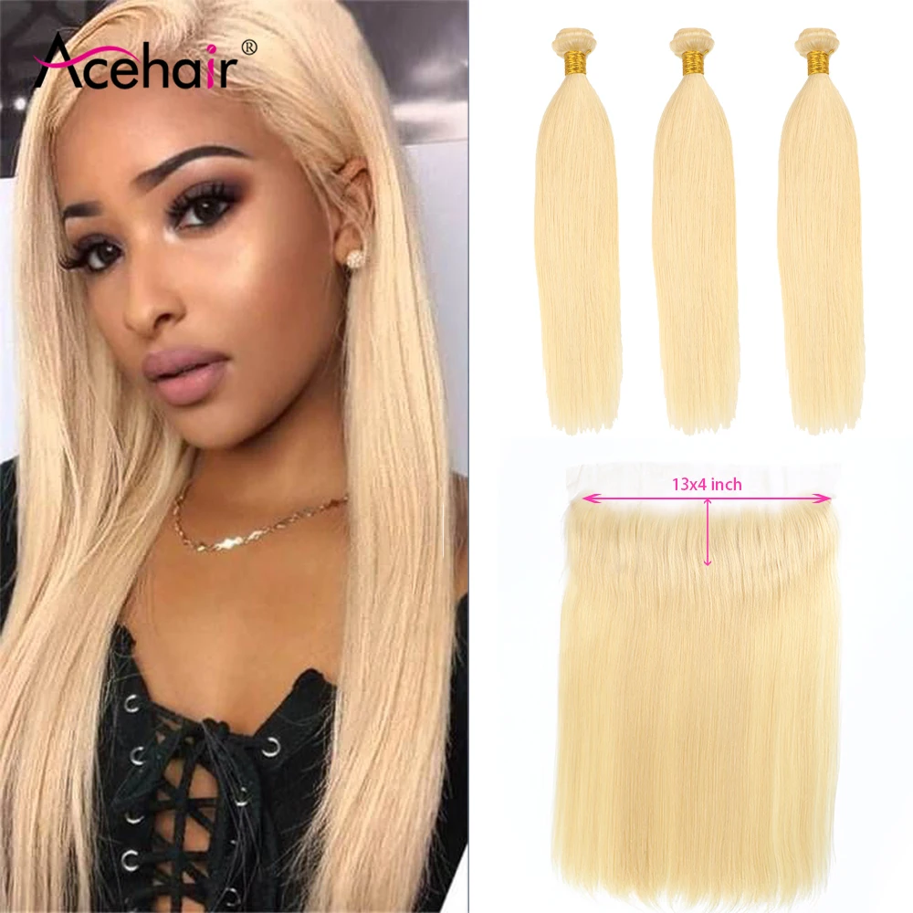

Acehair Bundles with Closure 613 Honey Blonde Malaysian Straight 10-30 inch Remy Human Hair Weave Lace Frontal Closure with 3 Bu