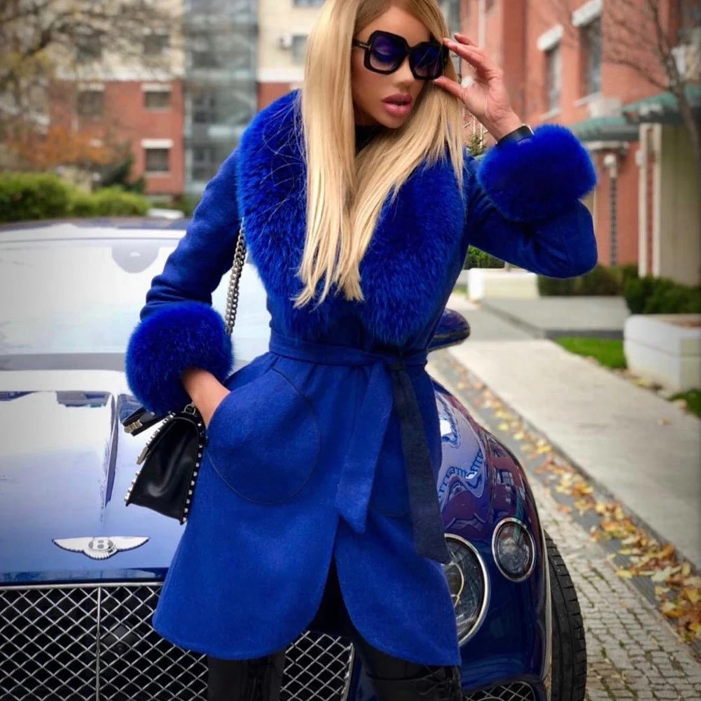 Women Solid Wool Blends Coat with Natural Fox Fur Collar and Sleeve Cuffs Female Casual Winter Real Fox Fur Cashmere Coats 2022