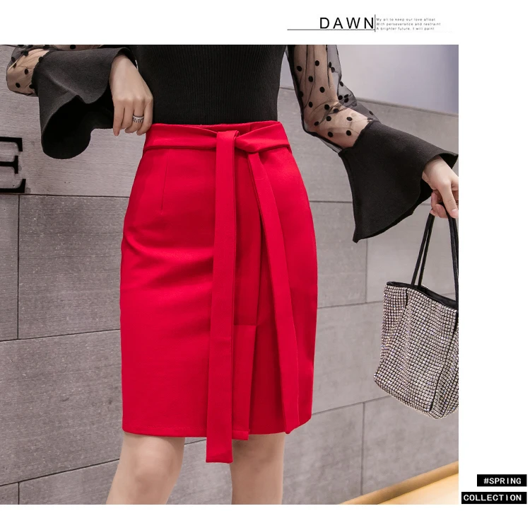 Faldas Mujer Moda, черные офисные юбки для женщин, осенняя Красная Эластичная Элегантная Юбка До Колена на молнии, женская одежда, миди Jupe Femme