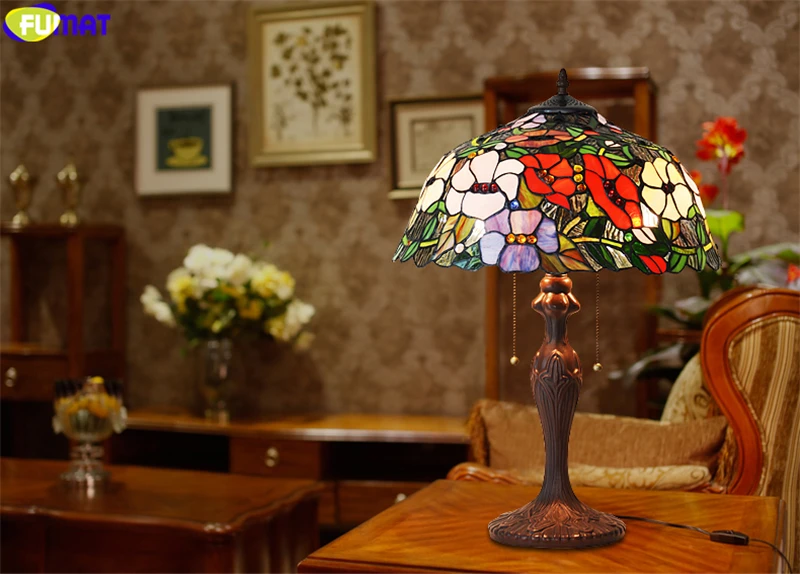 FUMAT Tiffany Style Rose Flower Stained Glass Table Lamp Pearl Morning Glory Desk Light Alloy Frame Home Decor LED Arts Lights