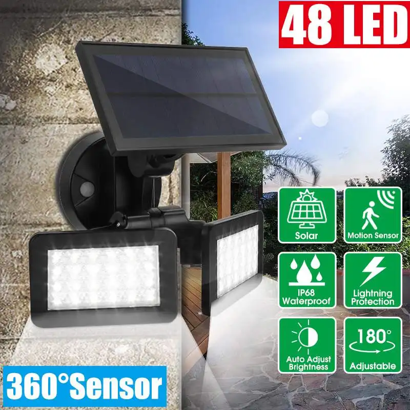 

48LED Dual Head Solar Motion Sensor Spotlights 3 Modes 180 Degree Rotatable Waterproof Solar Floodlights Security Light