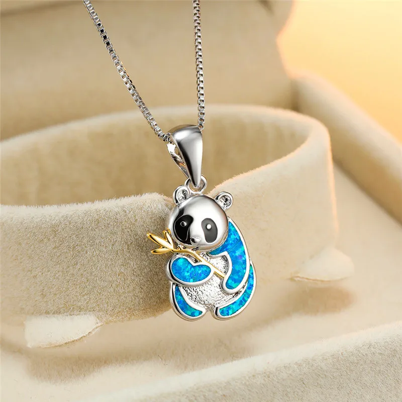 Blue White Fire Opal Cute Panda Pendant Necklaces For Women Silver Color Animal Jewelry Female Engagement Necklace Wedding Gifts