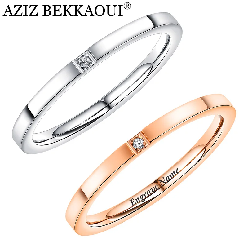 Азиз BEKKAOUI простой стиль розовое золото выгравированное имя кольца с кристаллом из нержавеющей стали кольцо для женщин Свадебные украшения подарок