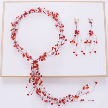 

Korean Hand-woven Red Crystal Hair Band Earrings Set Headwear Wedding Jewelry