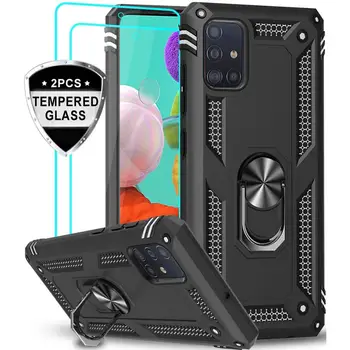 

for Samsung Galaxy A51 A71 Case with Tempered Glass Screen Protector [2Pack] Military Grade with Rotating Holder Kickstand