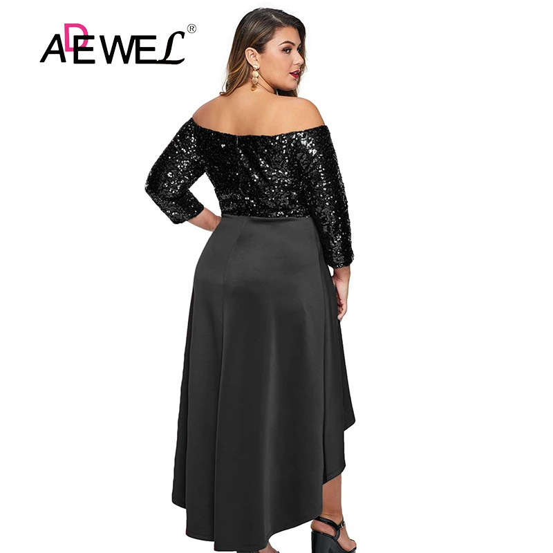 ADEWEL черный с открытыми плечами лиф с блестками Hi-lo плюс размер платье Vestidos Verano Mujer халат женские, с завышенной талией женское платье 5XL