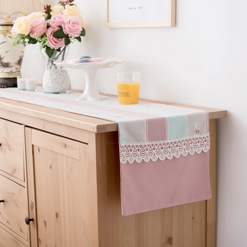 

Creative Table Runner Cotton Linen Table Cover Wedding Party Christmas Table Runner with Stripes Embroidery Table Cloth Pink