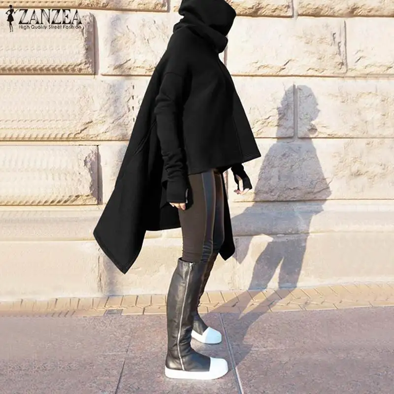 Женские толстовки с капюшоном, ZANZEA, модные топы, Sudaderas Harajuku, ассиметричные толстовки, толстовка с высоким воротником, уличная одежда, 5XL