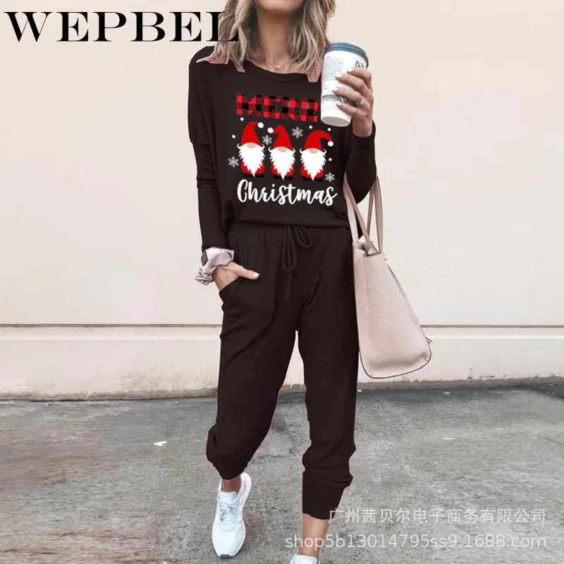 

WEPBEL Women's Christmas Printed Sports Suit Autumn Fashion Long Sleeve O-Neck Sweatshirt + Lace-up Pencil Pants Suit