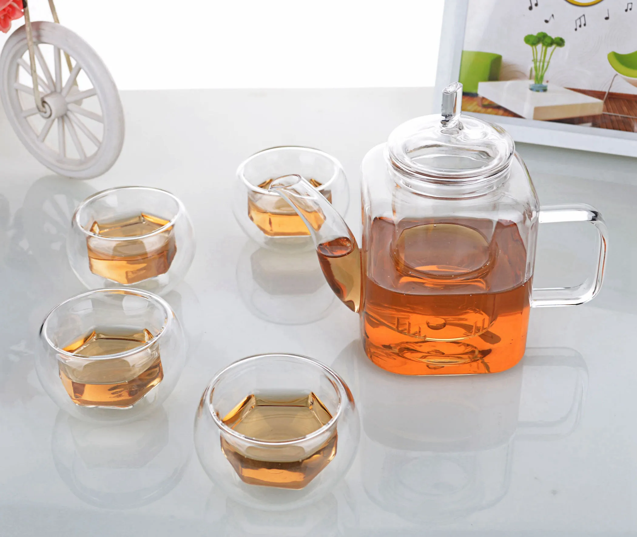 1x Heat Resistant Clear Glass Tea Set -375ml Square Shaped Glass Teapot +4x Hexagon Double Wall Cups 40ml