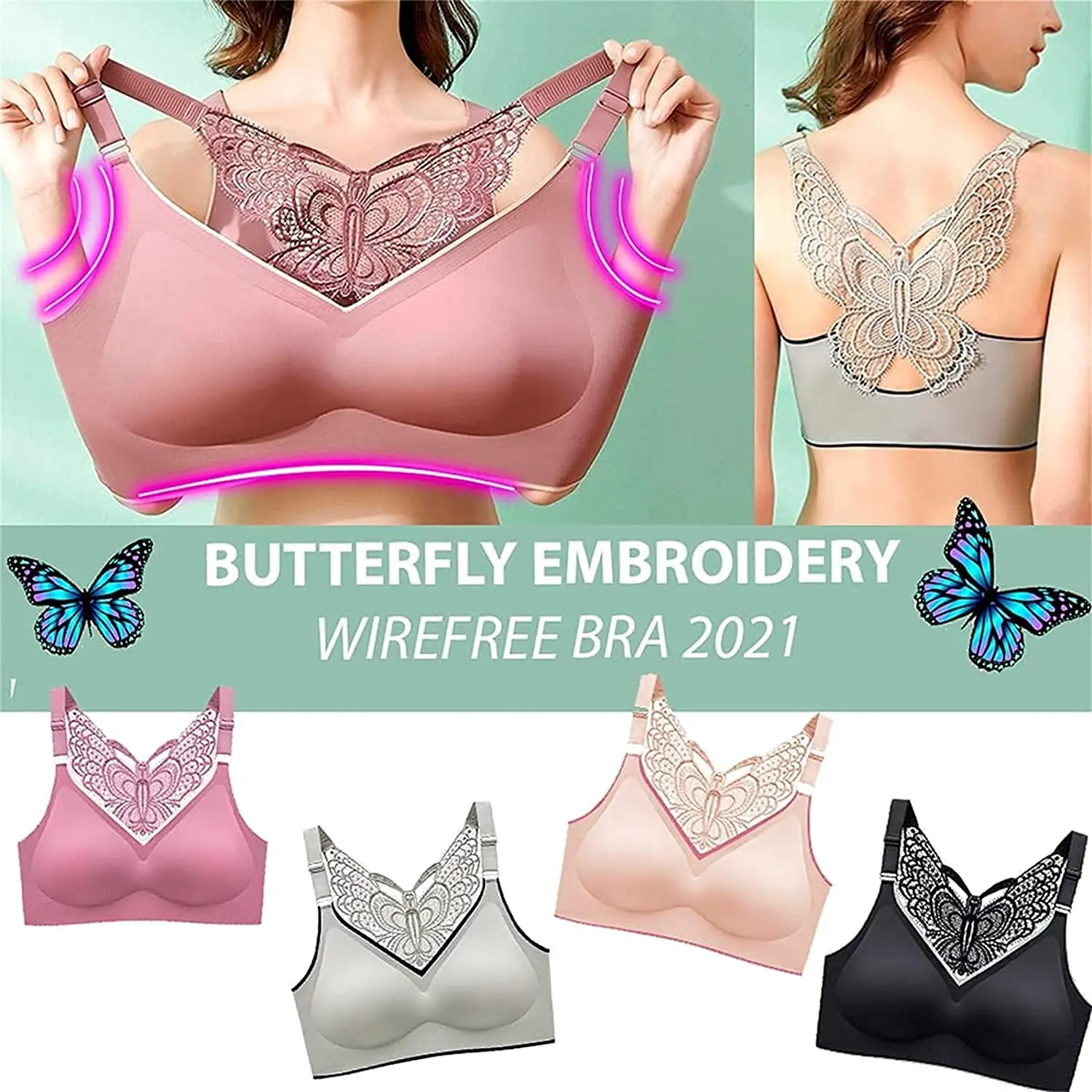 Butterfly Embroidery Wirefree Bra,Wire Free Butterfly Bra, Sports Beauty  Back Bra Wirefree,Women's Non-Marking Daily Sports Bra