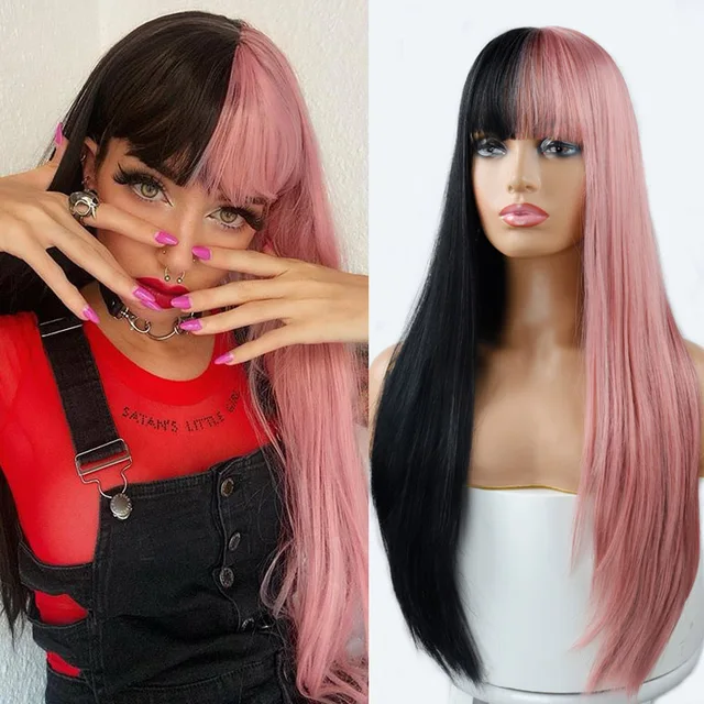 Linghang Gray and Black Wig Long Straight hair Cosplay Wig Two Tone Ombre Color Women Synthetic Hair Wigs 1B/30HL