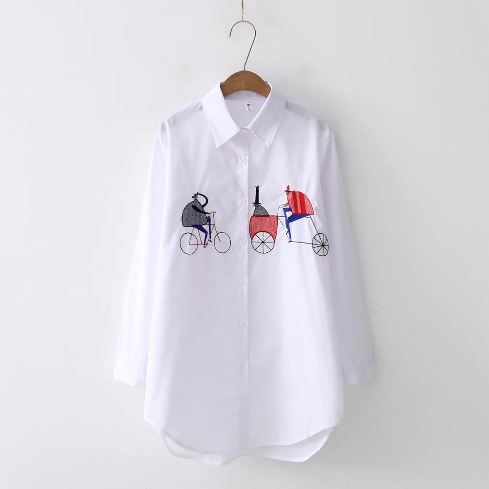 Cute Cartoon Embroidered White Shirt Autumn Women Blouse Embroidered Women Blouses Tops Loose Long Sleeve Shirt Blusas