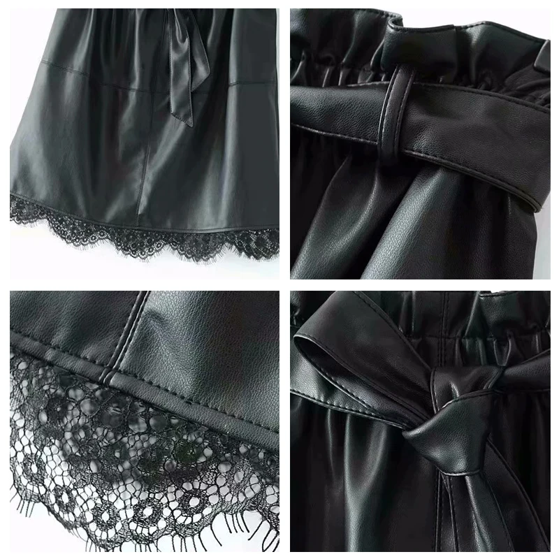ROHOPO Гофрированный Пояс с бантом на талии черная кожаная юбка комбинированная кружевная гофрированная кайма Офисная Женская шикарная мини-юбка из искусственной кожи#98272