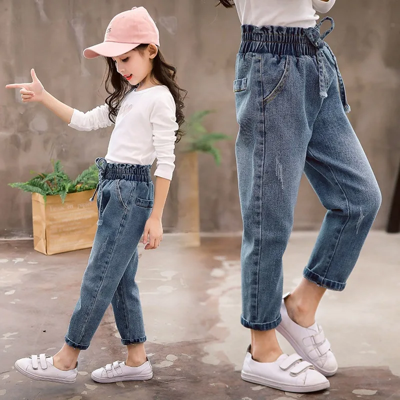 

2019 Spring Clothing New Style CHILDREN'S Trousers Korean-style Fashion Lace-up Jeans Middle And Large Girls Loose-Fit High-wais