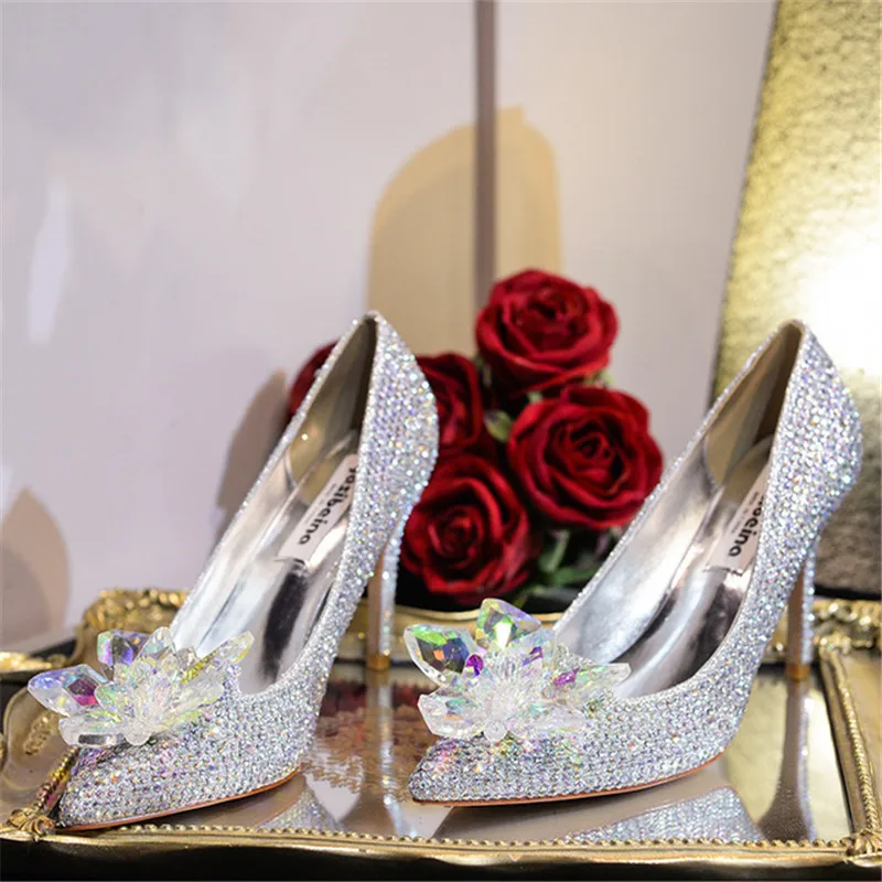 

2019 new Cinderella crystal shoes pointed fine with sexy shallow mouth women's high heels female silver rhinestone wedding shoes