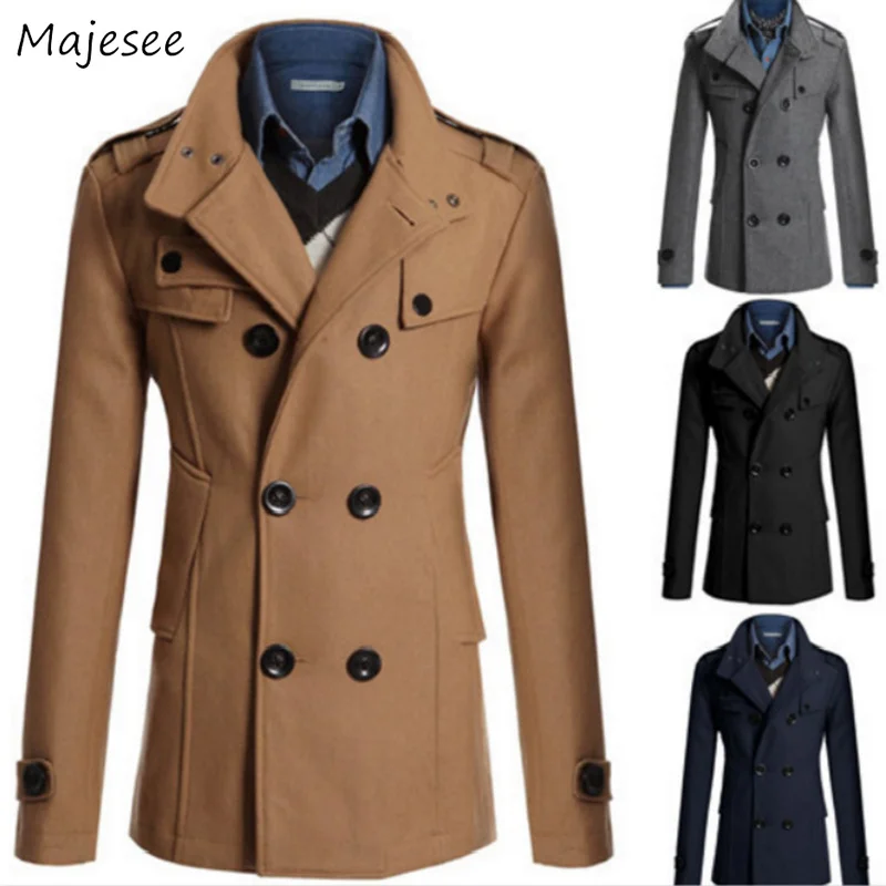 Wool Men Winter Double Breasted Slim Turn-down Collar Woolen Warm Button Coat Mens Large Size Korean Simple All-match Outerwear Wool Men Winter Double Breasted Slim Turn-down Collar Woolen Warm Button Coat Mens Large Size Korean Simple All-match Outerwear