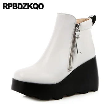 

harajuku shoes women square toe black female autumn high heel white platform boots wedge genuine leather ankle fall 2019 booties