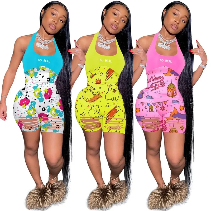 

Cartoon Print Sports Short Jumpsuits Streetwear Sleeveless Zipper Sexy Bodysuits Summer Casual Women Playsuits