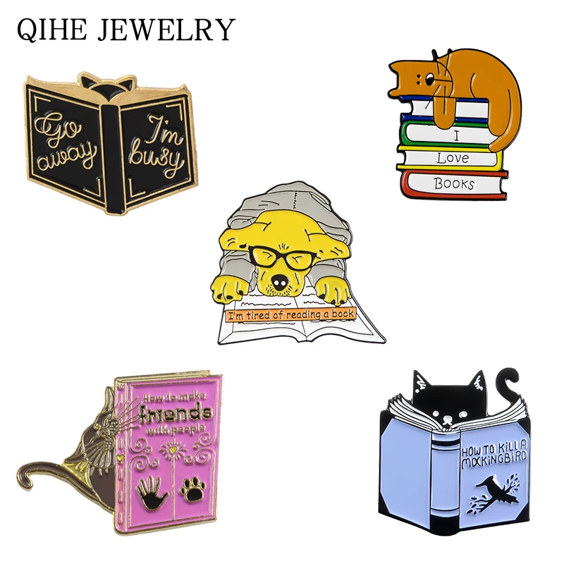 Books Lovers Enamel pins and Brooches Cartoon Dog Cat Animal Reading  Bookworm Badges Alloy Pin Denim Shirt Clothes Jewelry Gift - AliExpress