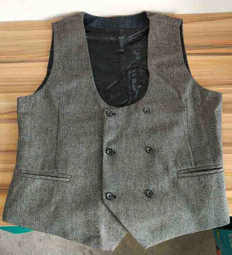 Весна осень мужской костюм жилет шерсть двубортный жилет британский винтажное платье Colete свадебный жилет формальная куртка без рукавов - Цвет: Vest Black Gray Wool