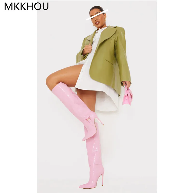 MKKHOU Fashion Knee-Length Women's Boots New Pink Crocodile Pattern Pointed toe 12cm High Heel Boots All-Match Daily High Boots image_0