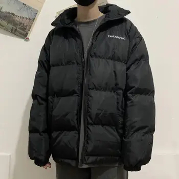 

2019 Winter New Youth Letter Printing Plus Cotton Thick Cotton Coat Fashion Casual Solid Color Loose Jacket Coat Black M-XL