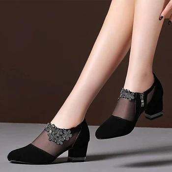 

Summer Women Crystal Shoes Zip Thick High Heels Pumps Woman Sexy Mesh Female Slip On Platform Hollow Out Ladies Party Shoes